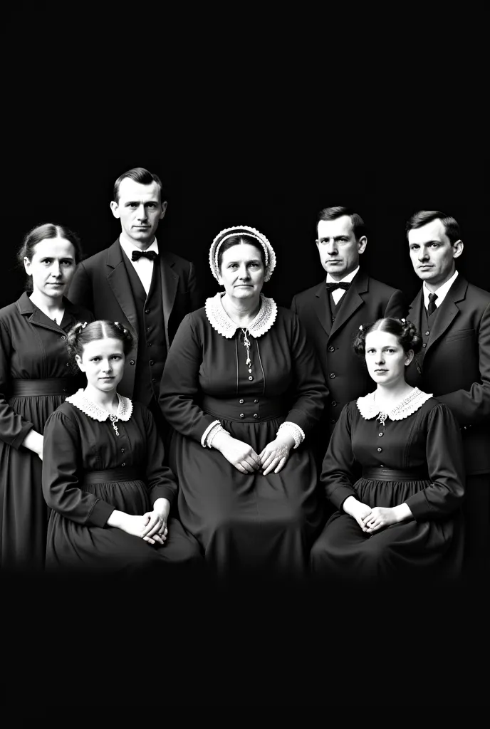 "A vintage black-and-white family portrait with a group of people dressed in old-fashioned clothing from the late 19th or early 20th century. The family consists of men, women, and ren with serious expressions, posing formally for the photograph. The centr...