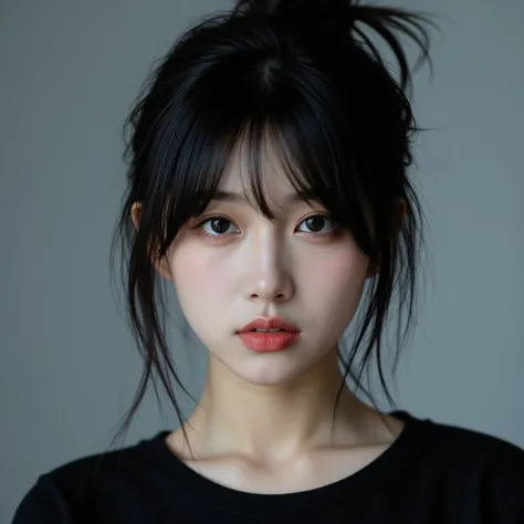 A Japanese idol with a pale face, dark hair, dark eyes, and vibrant red lipstick. Her hair is styled in a messy bun with an exceptionally long fringe cascading over her eyes, obscuring them almost entirely, and she's wearing a simple black t-shirt. The ido...