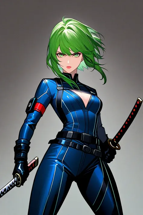 The image shows a girl with long green hair and a serious expression on her face. Her eyes look determined, and her lips are dark. She wears a tight dark blue suit in the form of a combat bodysuit with slits on her chest, as well as long gloves and armband...