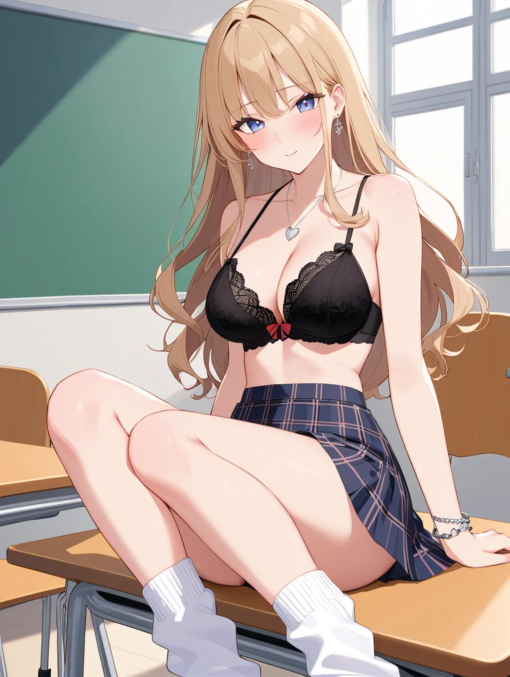 (8K:1.5),anime, high school girl,Full body,Sitting, high school uniform, ribbon, plaid skirt, Japanese Gal,loose socks, beautiful legs, (((I can see her cleavage))),slut,Dark blonde hair, long hair, wavy hair ends, eyeliner, mascara,looking at viewer,Earri...