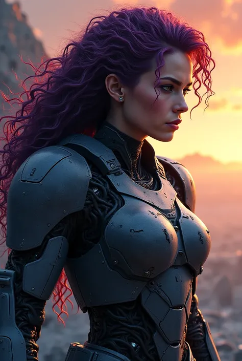 his body is a heavily armored battle cyborg. Warrior woman with menacing face, her hair is plum and curly. A soldier who saves the world from destruction. Design of an artificial gradual earth atmosphere in space in the background. Design a novel cover pos...