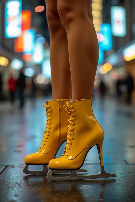 photo-realistic, ultra-realistic, dramatic scene, masterpiece,close up of woman’s feet wearing yellow high heel sandal ice skates. Suntan pantyhose, happy alone in Downtown San Diego, 3/4 view 