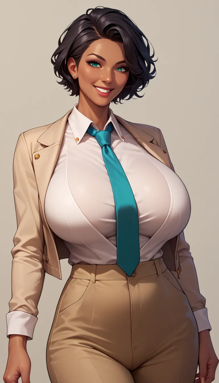 score_9, score_8_up, score_7_up, milfication, 1girl, solo, mature female, milf, looking at viewer, gigantic breasts, jacket, collared shirt, necktie, pants, upper body, dark skin, short hair, straight hair, black hair, teal eyes, smile