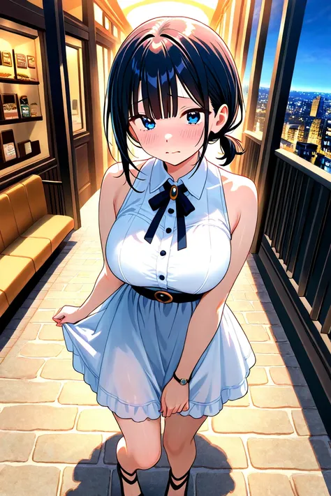 Full body composition、black haired short ponytail girl、cute、 long bangs、 blue eyes、 slim、 shy girl 、big breasts、 White Sleeveless Dress、(Touch the bangs:1.5)、Take a seat、romantic scene of girls waiting for a date in a cozy cafe。 A wooden sign with a brick ...