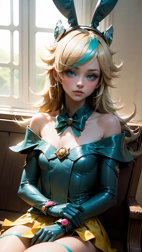 masterpiece, best quality, extremely detailed CG unity 8k wallpaper, (Upper Body head close-up shot of a beautiful ), Wendy, Elegant Long straight blonde hair, ((Mckenna Grace)), (((flat chest))), ((pink-Cyan)) golden ((Glittering tutu,long Bunny Ear Headg...