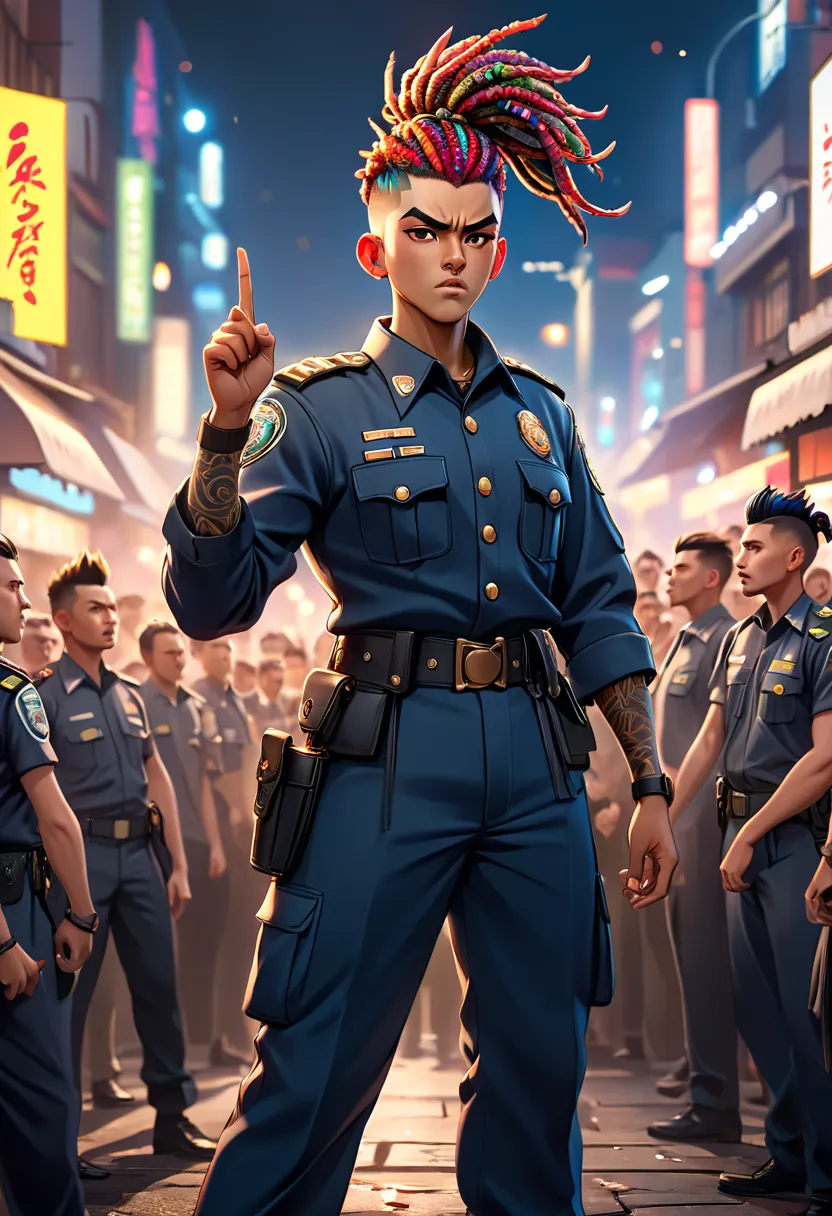 A full-body side-view image of a young policeman in uniform. He stands among a crowd of his colleagues, raising his hand at a 45-degree angle and pointing his finger forward with intensity. His face expresses anger, desperation, and defiance as he passiona...