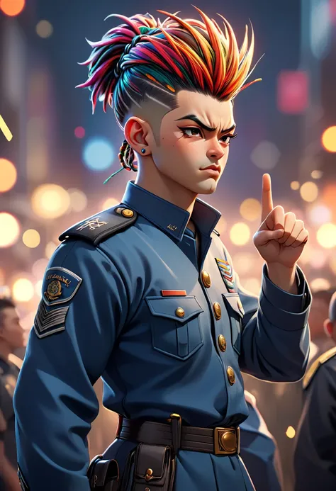 A full-body side-view image of a young policeman in uniform. He stands among a crowd of his colleagues, raising his hand at a 45-degree angle and pointing his finger forward with intensity. His face expresses anger, desperation, and defiance as he passiona...