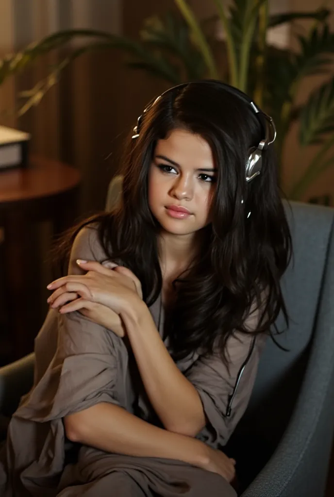 selena gomez at home sitting on chair, earphones on the head, gamer girl