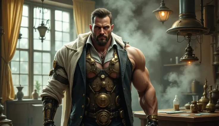 This hyperrealistic art captures a steampunk handsome, daddystyle bigboy, full body muscular man.. His, The environment – an comfy-steampunk-house in light colours with magical steam, some robotic body parts, steampunk professional outfit, half robotic ste...