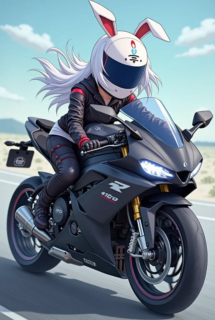 an image with an anime-style girl with white hair, white motorcycle helmet with dark blue visor and that has rabbit ears on a sports bike and that the motorcycle is black, Make the image for computer background