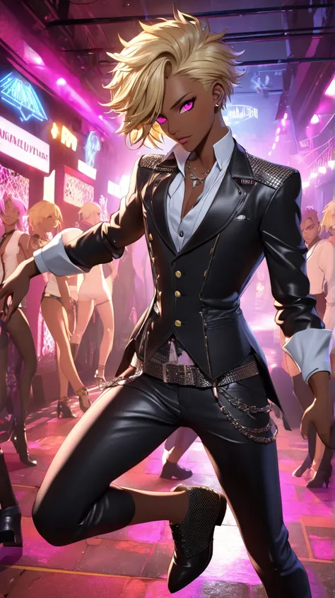 man, male, androgynous, dark skin, adult, blonde hair, short stylish hair, pink eyes, seductive, charming, sexy outfit, dancing, underground club background, (portrait, urban fantasy, 3d rpg style)