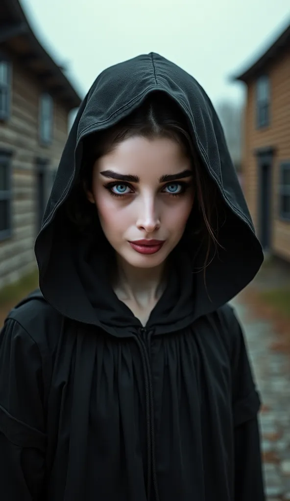 Puritan girl in town with evil eyes and a sadistic smile wearing a black hood,high quality eyes