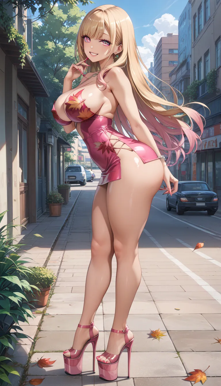 ((masterpiece, high resolution, better quality, better details)), ((Marin Kitagawa)), ((Smiling)), a woman, urban park landscape, sexy mini dress, ((big neckline)), ((platform high heels pumps)), pink eyes with black outline, (light blonde hair, straight h...