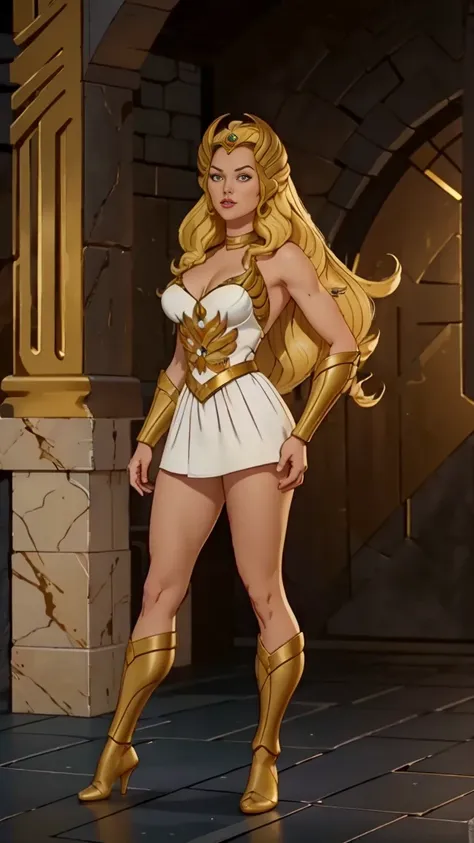 ((Full body photo, standing, feet on the ground)) Alison Tyler , ultrarealism, ultra-resolution, HDR, Photographic realism, woman, medium breasts, blonde curly hair, with the golden armor of Scorpio, Knight of the Zodiac, golden Athenian helmet, black cove...