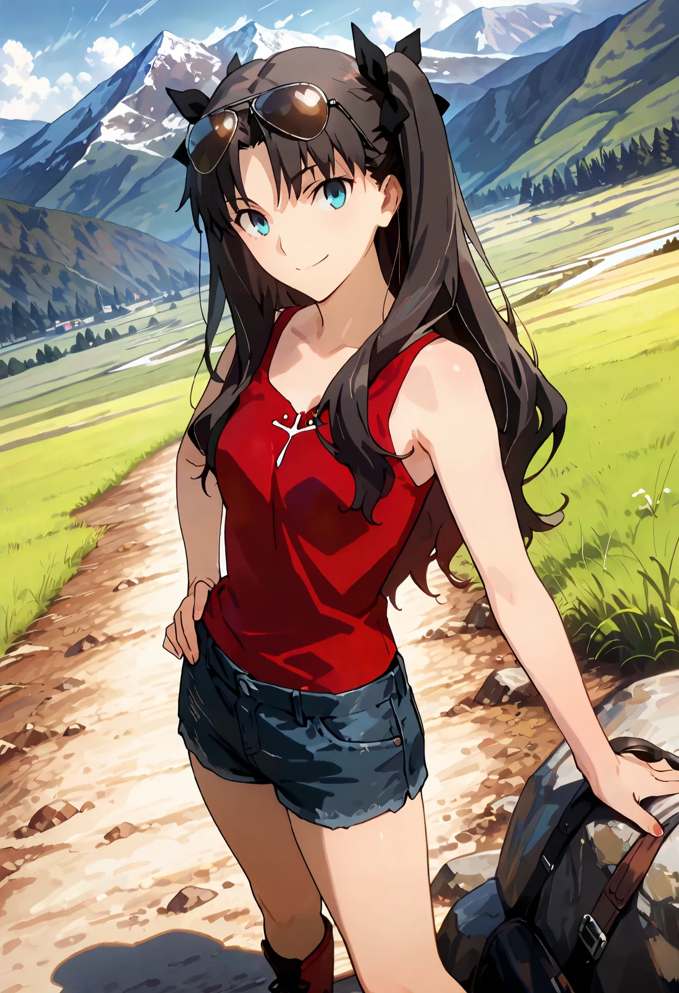 1 woman, tohsaka rin, solo, dutch angle, black hair, blue eyes, aviator sunglasses, dark red tank top, denim shorts, hiking boots, cheerful smile, posing for a photo, hiking, mountain trail, outdoors, masterpiece, high quality, highly detailed