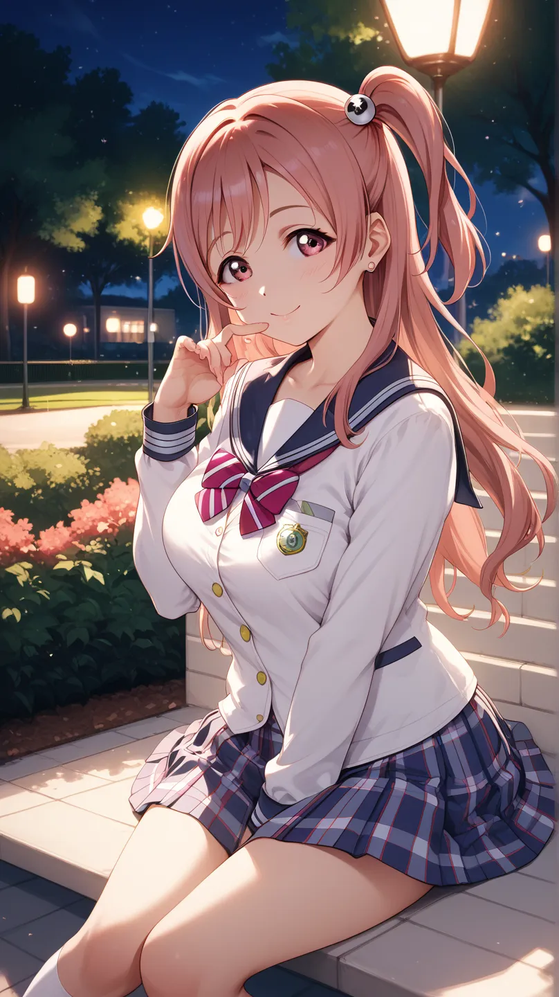 Sexy Honoka de dead or alive, UHD, long hair,  wearing school uniform,  sitting in a park ,  at night, pose sexy,