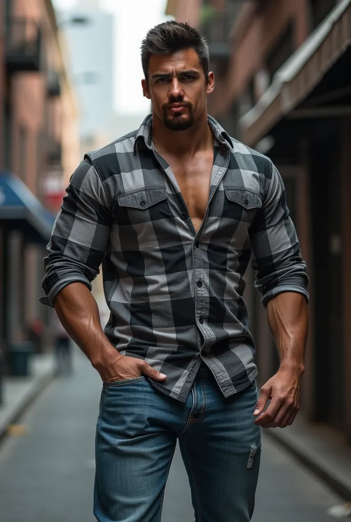 realistic photography, 30-year-old muscular (((athletic man))) , , view From below, in profile, dark and dark gray Oxford shirt de cuadros and very tight light faded blue jeans, brown belt, in profile, Big butt, viendo a cámara,  black eyes,, In the city, ...