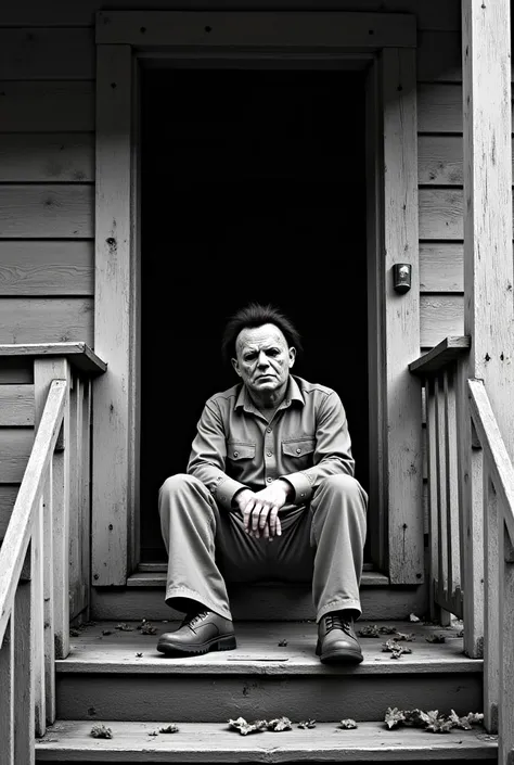 Leatherface, sitting on the porch of an old and decaying wooden house. The image is in black and white,  with a grainy and frayed effect , evoking the horror movies of the 70s.  The scene has a cinematic setting , looking like a classic poster from a slash...