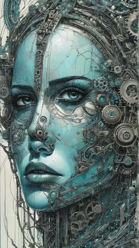 An impressive and highly detailed pencil sketch of a large, very detailed dark aquamarine woman's eye, With a bright tear, intricately composed of mechanical gears, delicate cables, skulls and futuristic design elements. The shading adds depth and complexi...