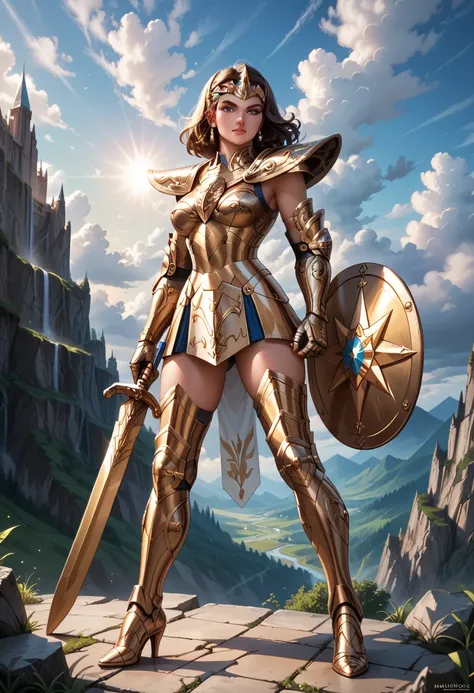 A girl wearing a Sagittarius, big boobs, armor Create a high-quality image of a woman wearing full body gold armor.  She is portrayed in a majestic pose ,  proudly standing amidst a grand setting .  Her armor shines with the brilliance of gold ,  reflectin...