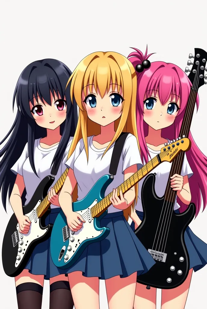 Anime-style cartoon, of three beautiful girls. Una de ellas con cabello negro largo y seeds, plus bangs. The second,  has blonde hair , seeds, medium long and blond,  without bangs. The third has fuchsia or hot pink hair, seeds y a la altura de los hombros...