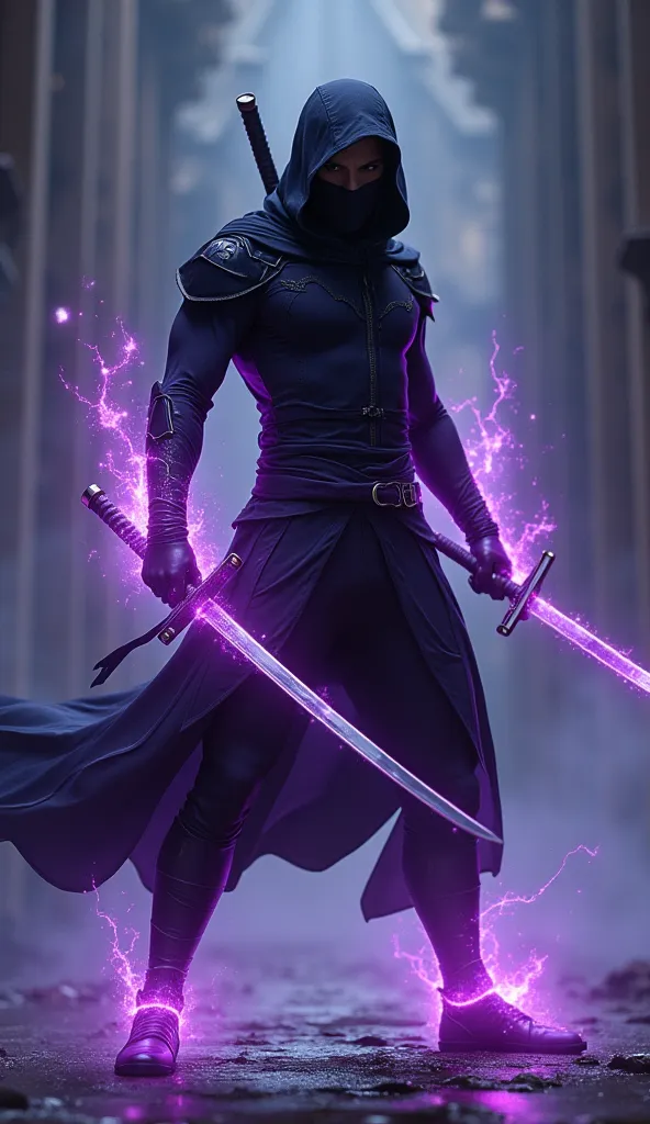 Realistic image of ninja with sword , with purple energy cracks across the body 