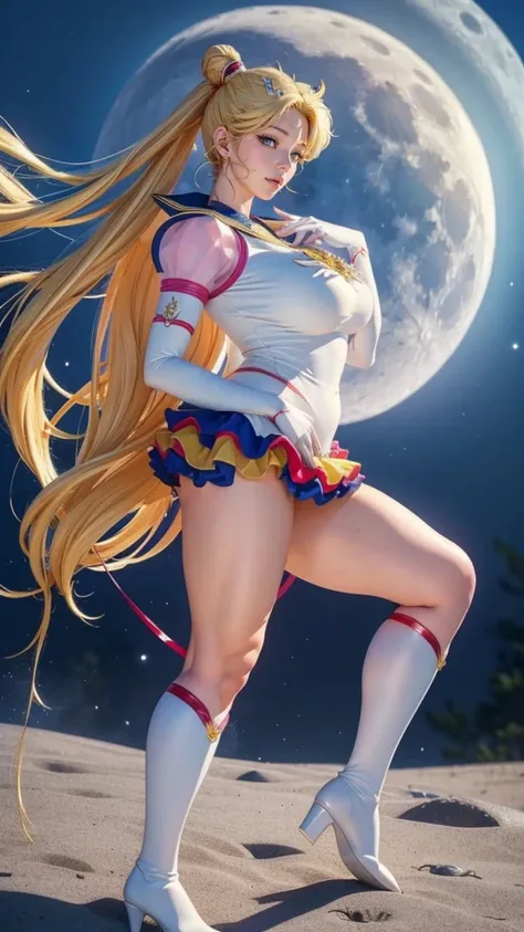 Sailor moon super s traje, 24 years old, realistic, 8K, ultra detailed , perfect face,, long blond hair , piercing blue eyes, front view, perreo, full body image, blue miniskirt, Red boots, , , voluptuous body,  on the Moon, (This is some text to translate...