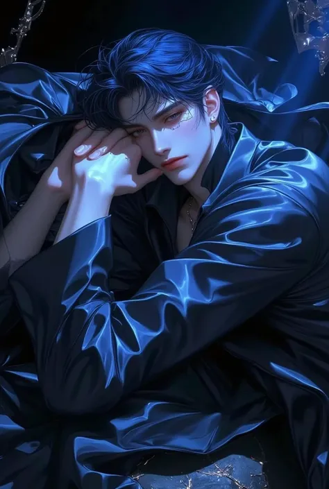 impasto, cool manga style, high quality, extremely detailed, extremely delicate line, amazing color, masterpiece, 1 man, tall, mascular, handsome, dark blue hair, sharp eyes, lower-sanpaku eyes, slightly parted lips, handsome, fashionable clothes, lying on...