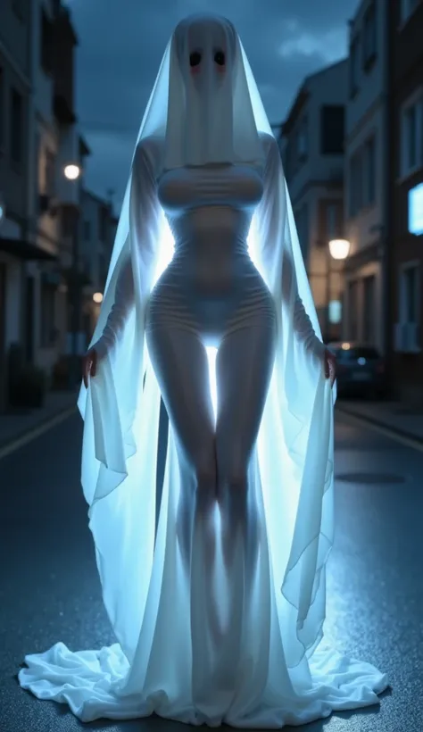 Woman dressed as a ghost, big breasts, Background of a very dark street,  VERY REALISTIC, Cinematic