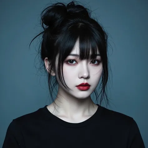 A Japanese idol with a pale face, dark hair, dark eyes, and vibrant red lipstick. Her hair is styled in a messy bun with an exceptionally long fringe cascading over her eyes, obscuring them almost entirely, and she's wearing a simple black t-shirt. The ido...