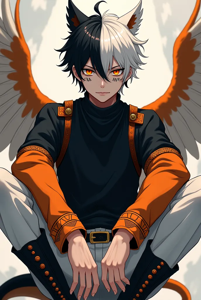 Anime style posts. A very attractive young man , But serious with half black and half white hair, With heterochromia, one eye Gray and the other Orange, AND BLACK MARKS under his eyes along with a black shirt, and a black sweater with orange sleeves and sl...