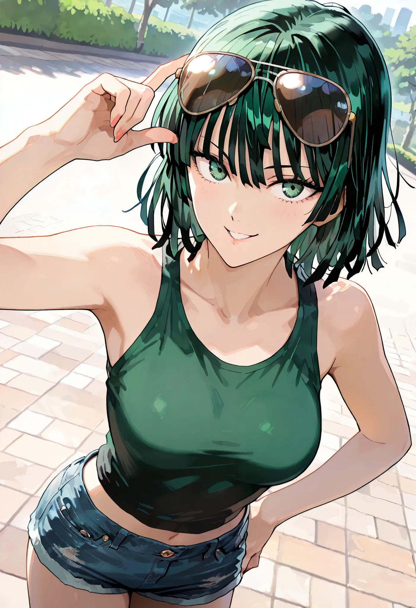 1 woman, fubuki (one punch man), solo, dutch angle, from above, green hair, green eyes, aviator sunglasses, tank top, denim shorts, cheerful smile, posing for a photo, beautiful park, outdoors, masterpiece, high quality, highly detailed