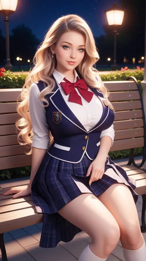 Sexy Honoka de dead or alive, UHD, big breasts,  wide hip, voluptuous, long hair,  wearing school uniform, sitting in a park,  at night, pose sexy,