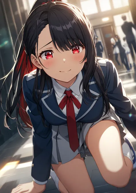 1 girl, Game CG, 
shallow depth of field, a portrait with a soft Gaussian blurred background, creating a dreamy atmosphere, focus on face, dutch angle, She’s tripping and falling in a school hallway , on her knees, and her skirt has flipped up, revealing t...