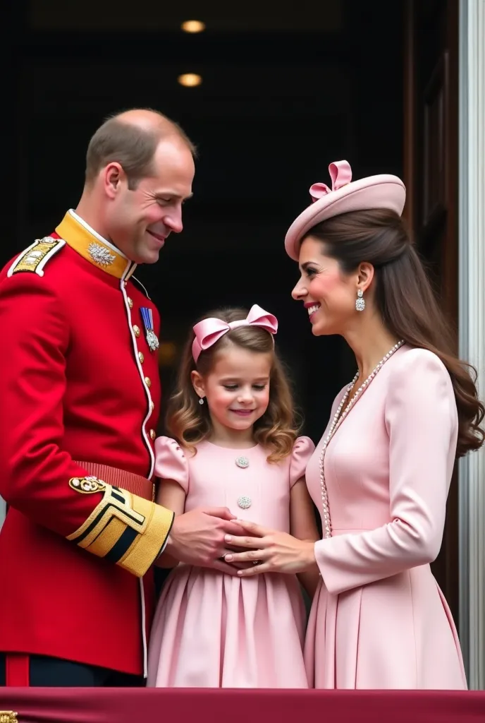 Create a realistic image of a prince, a princess and their daughter greeting on the palace balcony, like the one in Buckingham.. He wears a red military uniform., she wears a light pink dress with a matching hat and her daughter wears a light pink dress an...