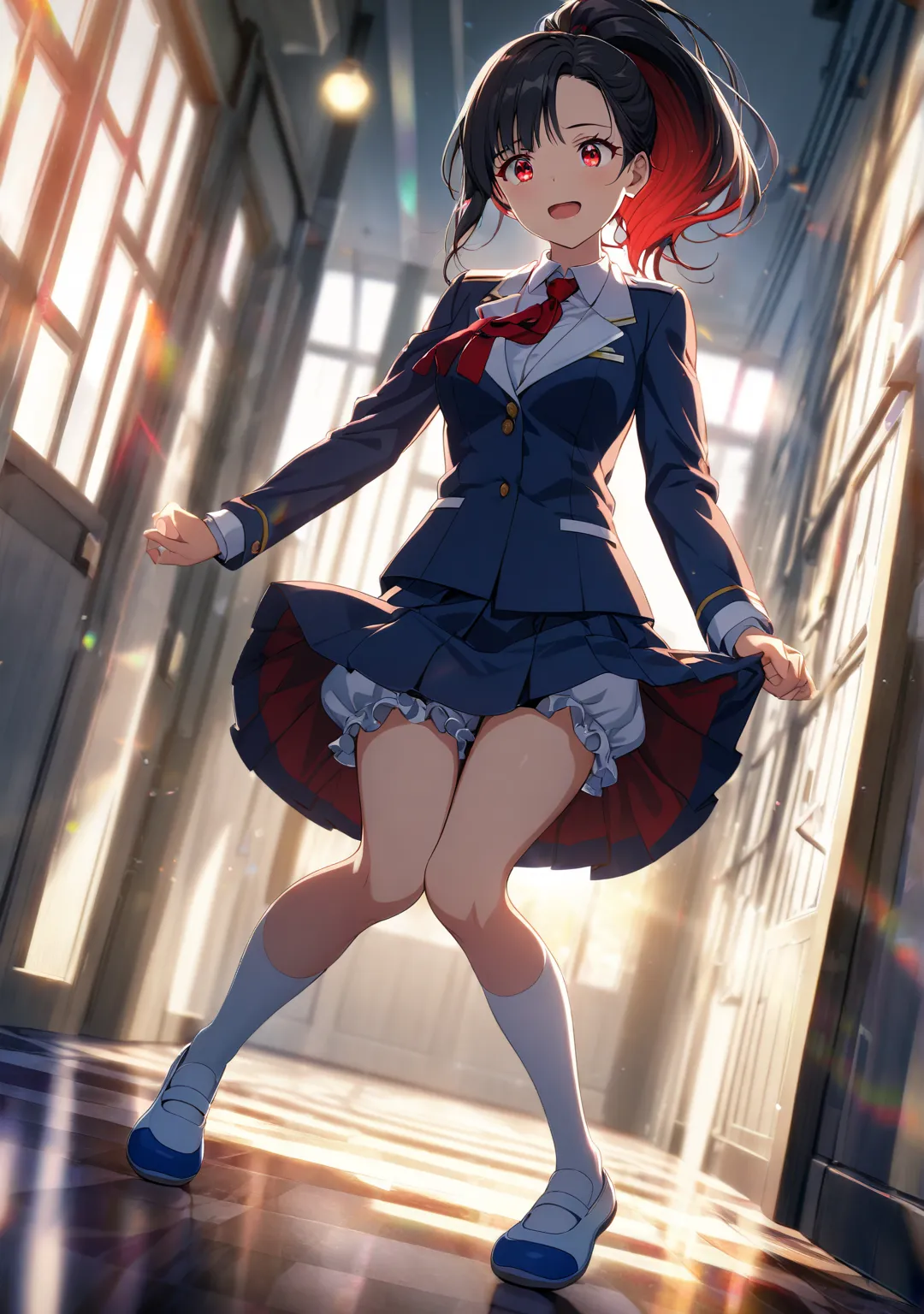 1 girl, Game CG, 
shallow depth of field, a portrait with a soft Gaussian blurred background, creating a dreamy atmosphere, focus on face, dutch angle, She’s tripping and falling in a school hallway , on her knees, and her skirt has flipped up, revealing t...