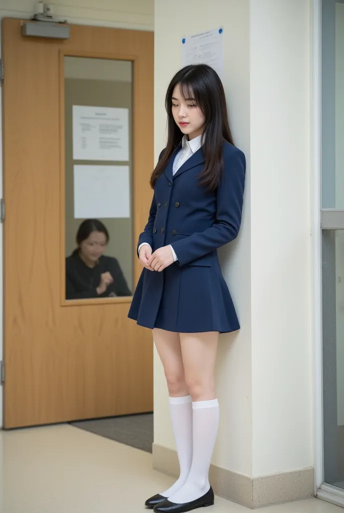 Japanese female college student、 Please stand by the wall in the college hallway 、 full body view、   black hair、  long hair、Long legs, beautiful feet、blue navy jacket  、White collared long sleeve shirt、  wear white high socks and black p 、 blue navy skirt、...