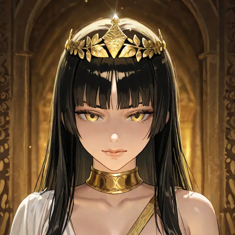 1 woman, long straight black hair with bangs (hime cut), Golden eyes, long white dress from ancient Greece, gold leaf tiara, gold bracelets, glossy lips, gold choker, adult woman, mature body and face, sharp face, sharp looks,