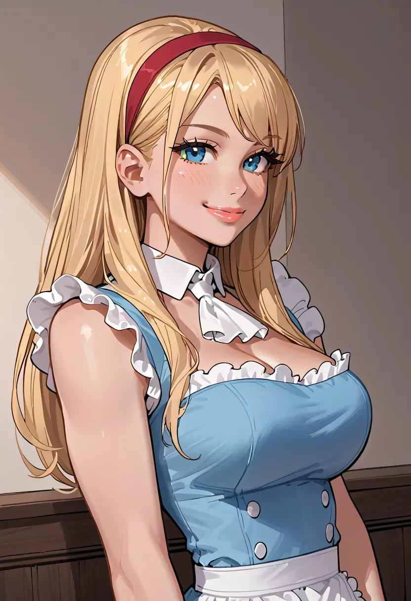 score_6_up,score_7_up, score_8_up,
1girl, solo, upper body, long blonde hair, blue eyes, blue dress, white frilly apron, red hairband, detached cuffs, smile