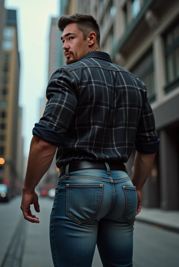 realistic photography, 30-year-old muscular (((athletic man))) , , view From below, in profile, dark and dark gray Oxford shirt de cuadros and very tight light faded blue jeans, brown belt, in profile, Big butt, viendo a cámara,  black eyes,, In the city, ...