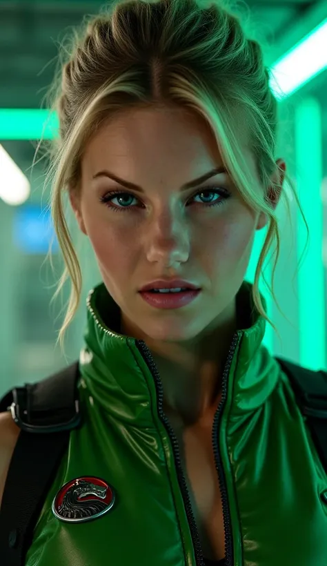  Here is a detailed prompt to generate an image  ** super realistic** da Elisha Cuthbert como **Sonya Blade**, focused **only on the face**, with a bright military green outfit and striking details: --- **"Close-up hiper-realista do rosto da Elisha Cuthber...