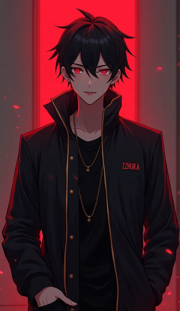 Make it into a male anime character who wears a black jacket a little red and there is a little aura around him with the name AZHURA on the chest of the jacket and the character's eyes are like a clock on his left 