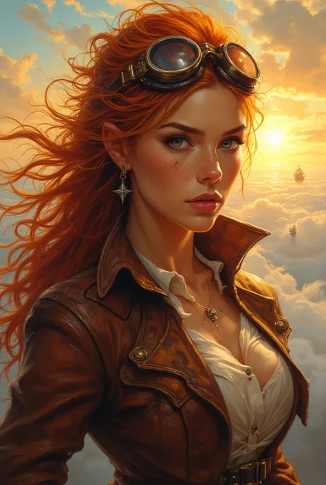 A striking digital semi-realistic portrait of a fierce sky pirate captain. Her wild, windswept auburn hair is streaked with strands of gold, catching the light as if touched by the sun. Her sharp, stormy gray eyes hold the confidence of someone who has con...