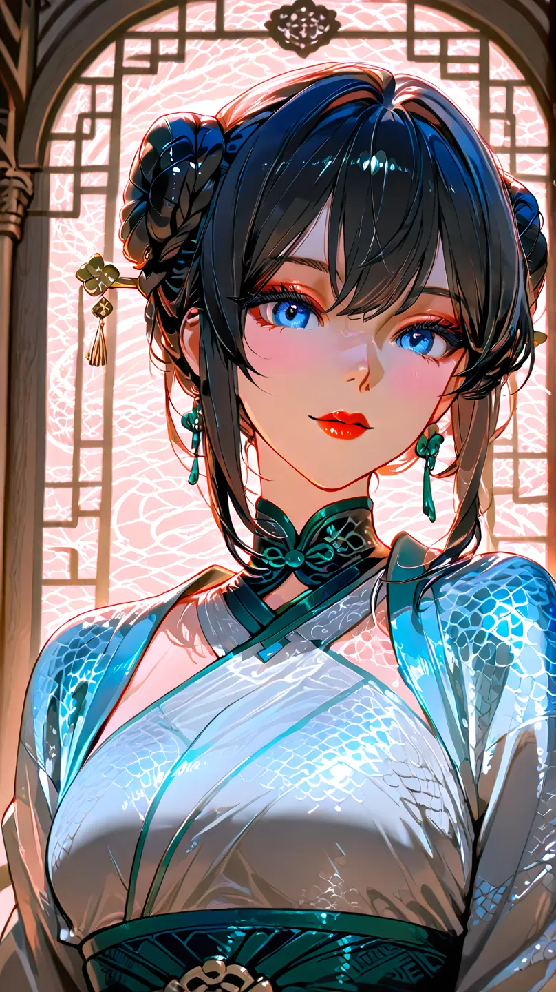 1girl, dragón snake, breasts, black_hair, blue_eyes, red_lips, navel, chinese_clothes, earrings, solo, jewelry, hair_bun, smile, looking_at_viewer