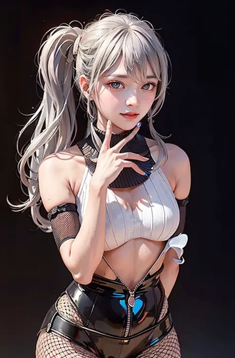 1 person,masterpiece,Highest quality,2 tails (Genshin Impact),ponytail, brunette,alone, pupil,long hair, Finger Heart, bangs, black shorts,( highly detailed CG Unity 8k wallpaper ), (masterpiece), (Highest quality), (very well detailed), ( best illustratio...