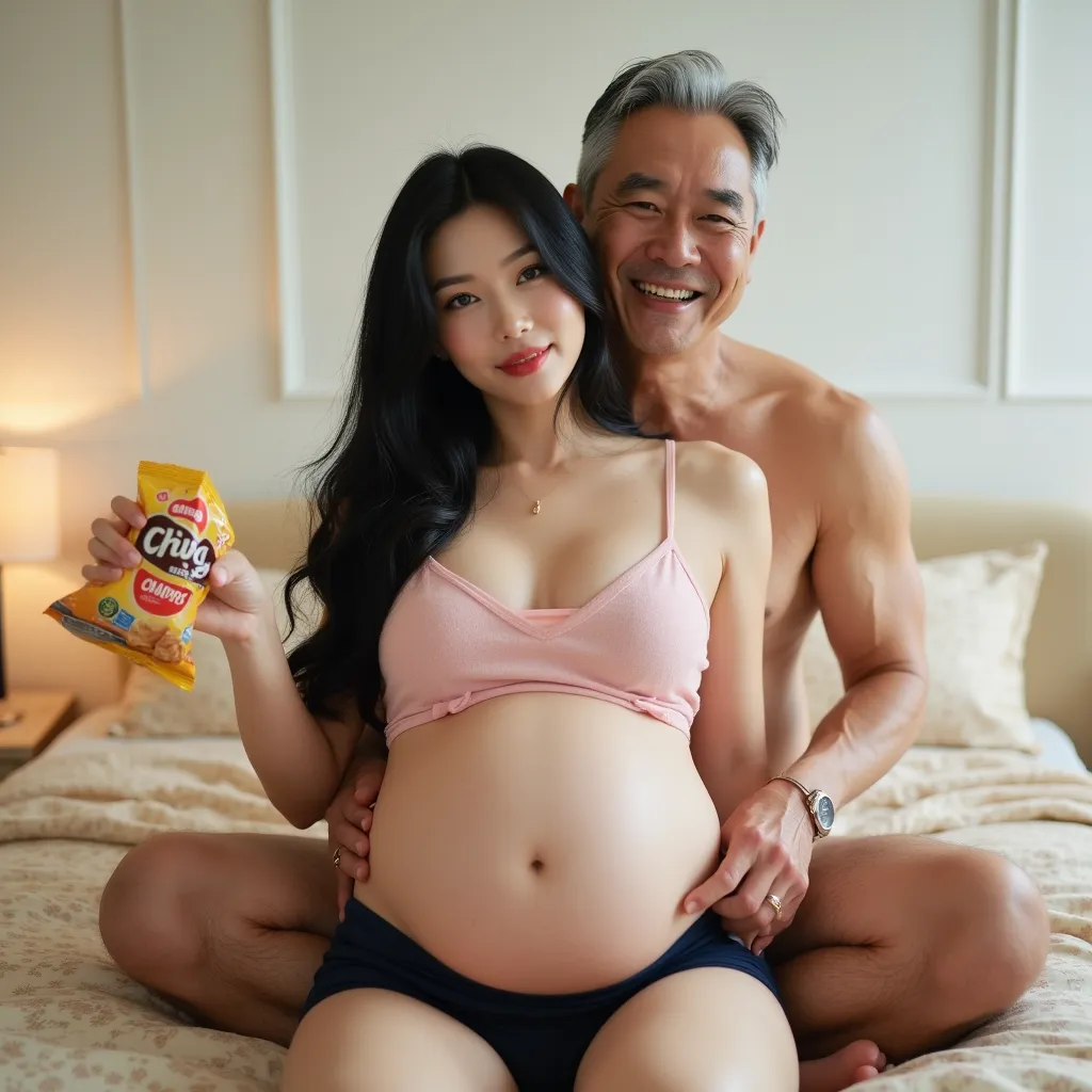 masterpiece , real photo, (full body:1.2), (((1 korean beautiful young girl and 1 old korean man couple))), {1 korean girl, 24 years old, (black hair), red lips, curvaceous pinup curvy DD cup voluptuous, (huge breasts), (pregnant girl with a big belly), si...