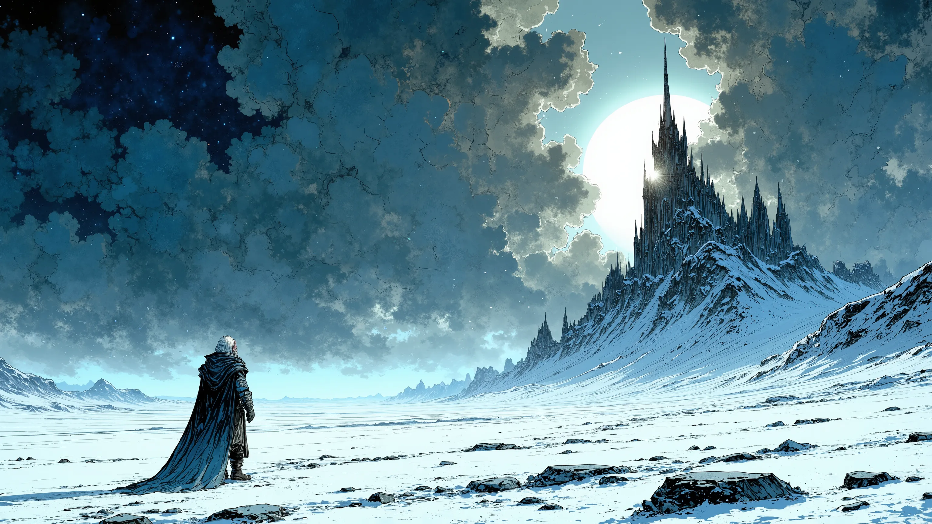  masterpiece, 8K cinematic comic style by Milo Elfo, Lonely in the Snowstorm
An elf walks alone across an icy plain during a snowstorm,  with the cape fluttering in the wind . angle: front shot, with the storm in the background and the elf fighting against...