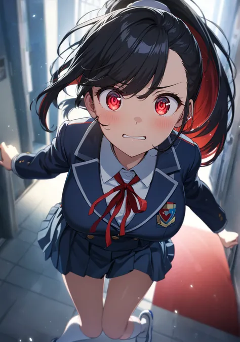 1 girl, Game CG, 
shallow depth of field, a portrait with a soft Gaussian blurred background, creating a dreamy atmosphere, focus on face, dutch angle, She’s tripping and falling in a school hallway , on her knees, and her skirt has flipped up, revealing t...