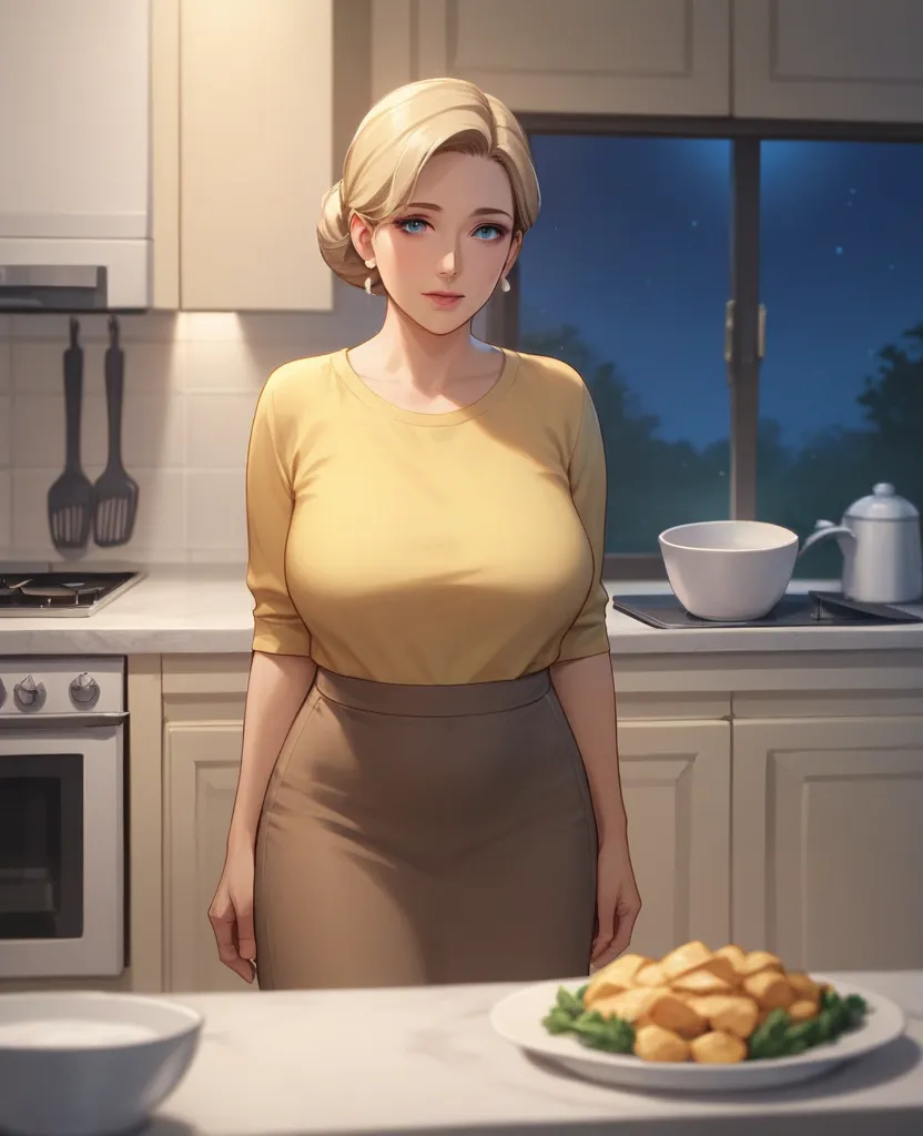 1 girl, mature woman, Age 35 years,mom is standing in the middle of the kitchen, early pregnancy,  very fair skin , blonde, blue eyes, homemade yellow shirt,  long brown skirt , Night, night light, she's nauseous right in the middle of the kitchen