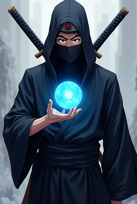 Ninja from naruto world, dynamic front pose, redy to put-off his sword from his back with right hand, holding a glowing blue energy sphere in left hand close to his chest , katana raised, dark clothing, detailed mask, anime style, detailed, sharp lines, 8k...